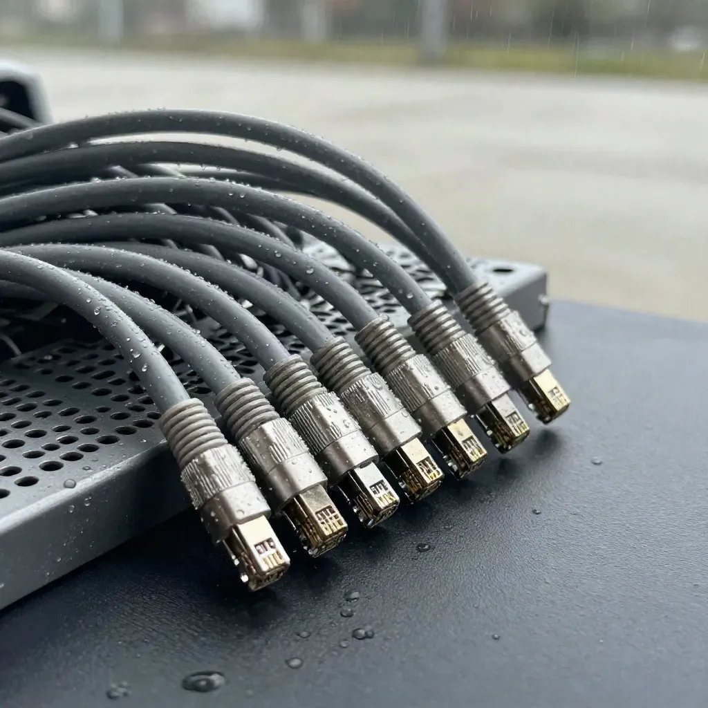Silver network cables and plugs arcing on a matte-black surface in a dramatic studio still life.