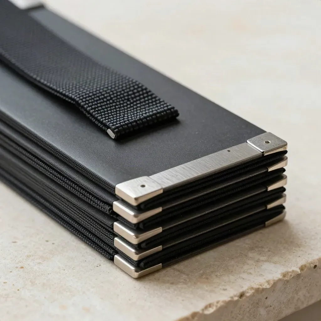 Matte shipping seals, aluminum corner protectors, and a cargo strap on pale stone.