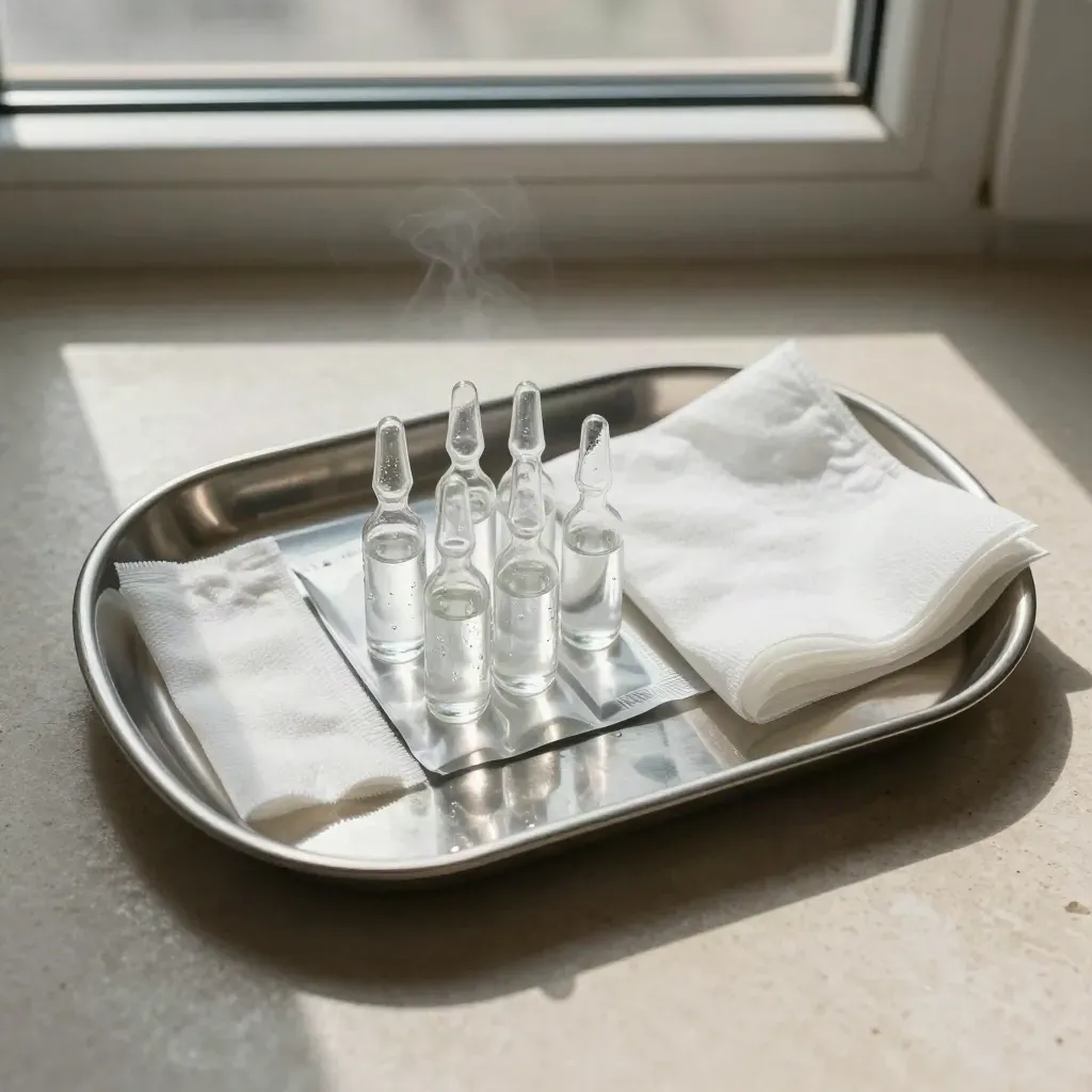 Saline ampoules, gauze squares, and a stainless tray on pale stone
