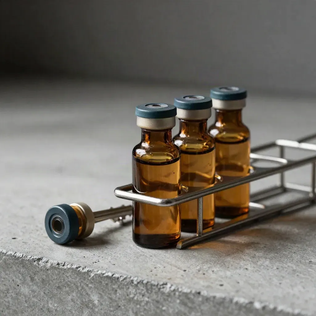 Amber vials and a steel rack on cool concrete in a dramatic studio still life.