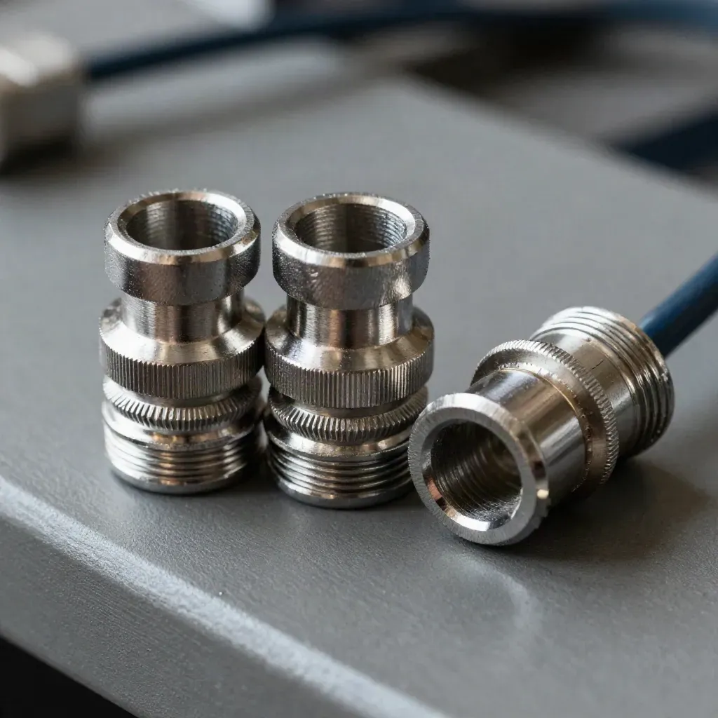 Three stainless cable ferrules on graphite, two aligned and one offset, with a navy insulation sliver.