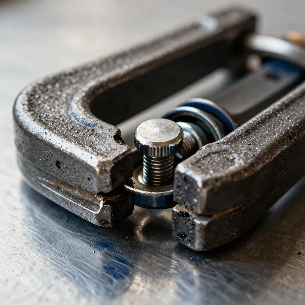 Rail clamps, coupler pin and washer rings on brushed metal, close-up industrial still life