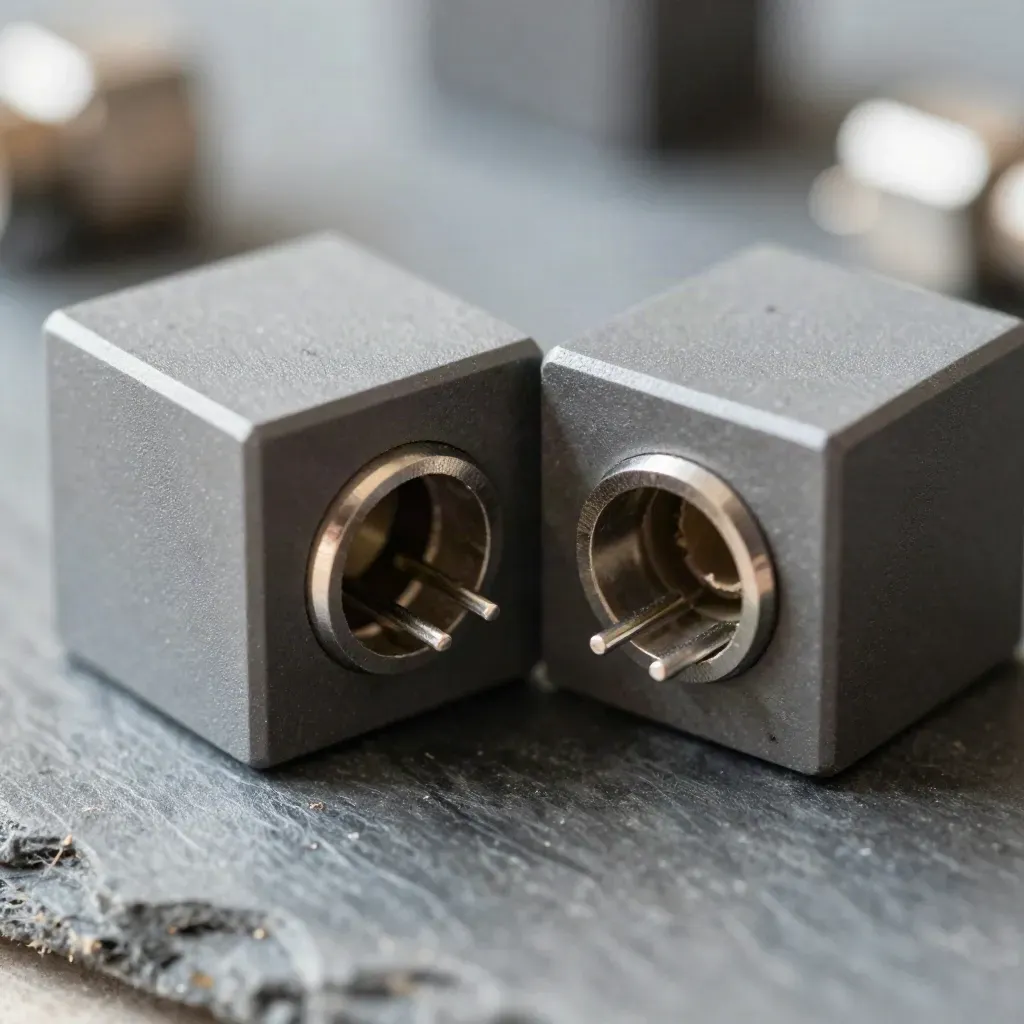 Matched connector blocks and spare couplers on matte graphite, seen in crisp straight-down macro.