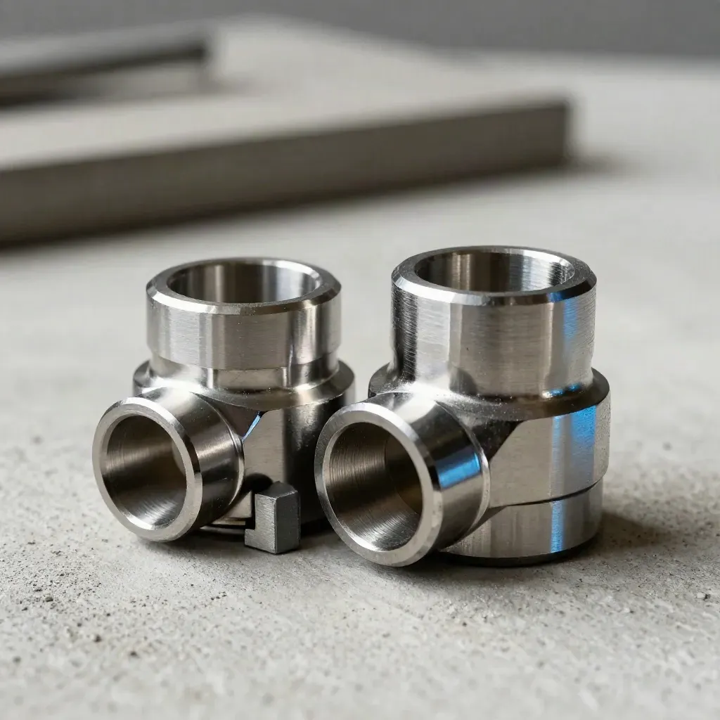 Machined adapter sleeves and a gauge block on pale concrete under dramatic studio light.