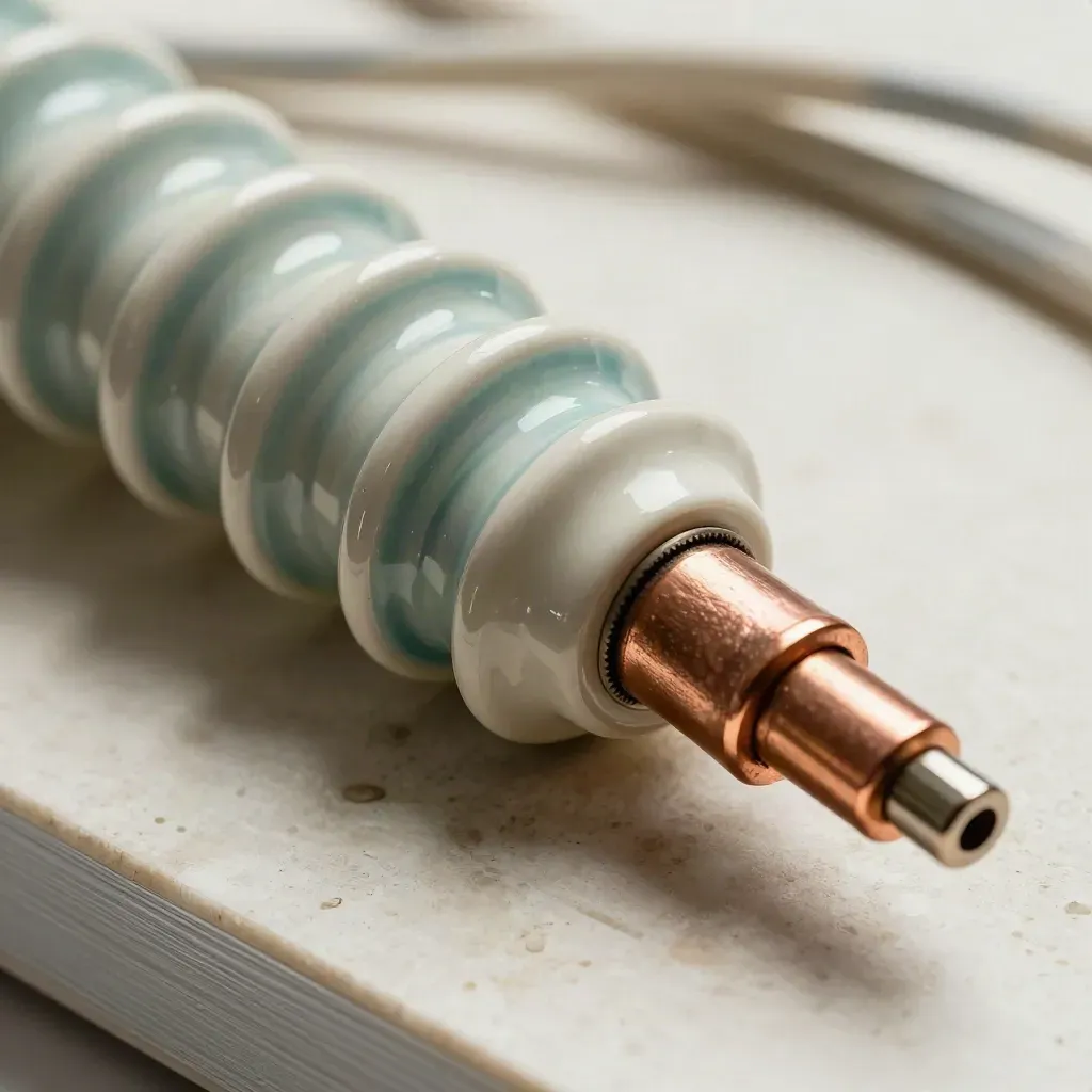 Ceramic insulators, copper ferrules, and a coiled armored cable on pale stone.