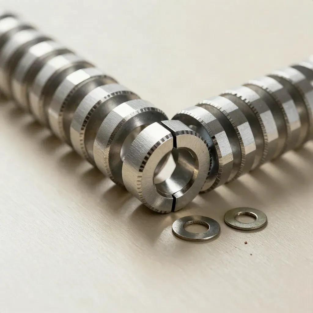 Overhead metal spacers and washers on brushed steel with one missing gap
