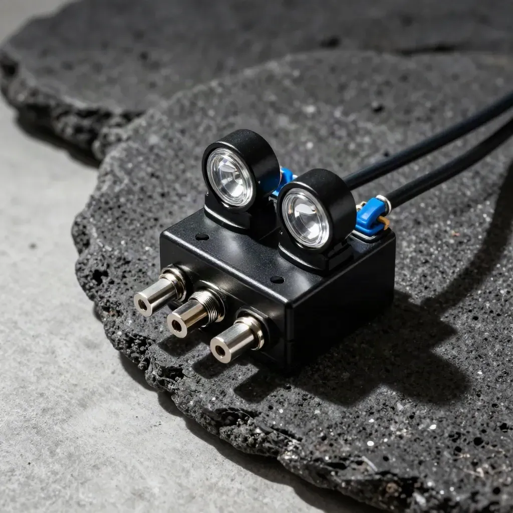 Relay module and signal beacons on dark stone, lit dramatically with a coiled lead.