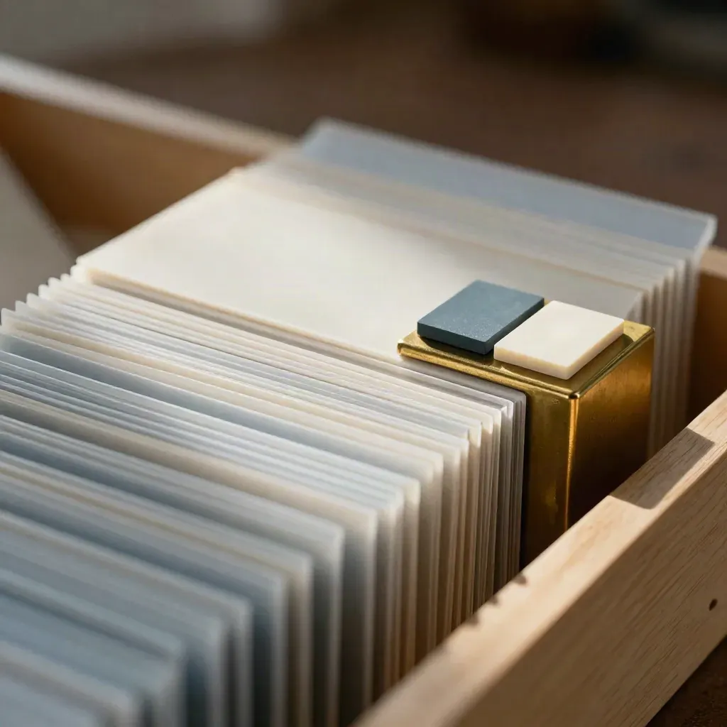 Macro of acetate sleeves, brass paperweight and sample chips on pale wood.