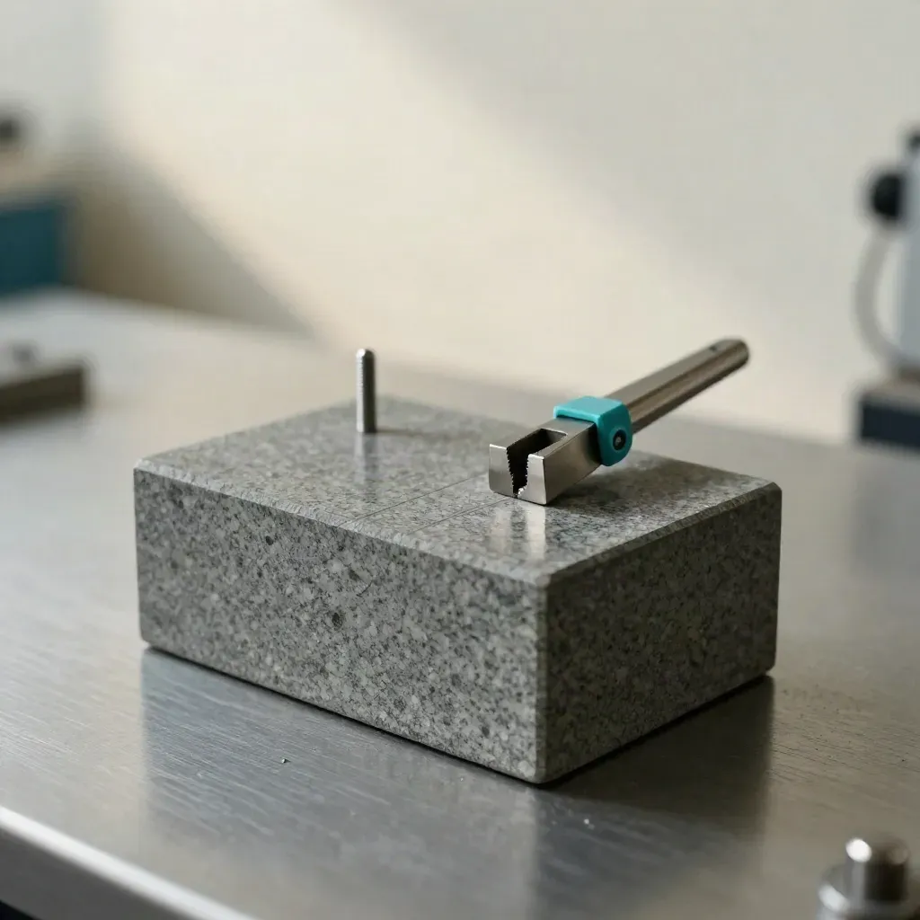 Calibration block, sealed clip and locator pins on a brushed steel bench in soft daylight