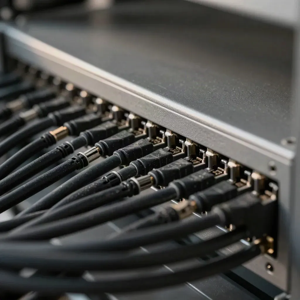Macro of black network cables, patch-panel edge, and keystone jacks in a data closet.