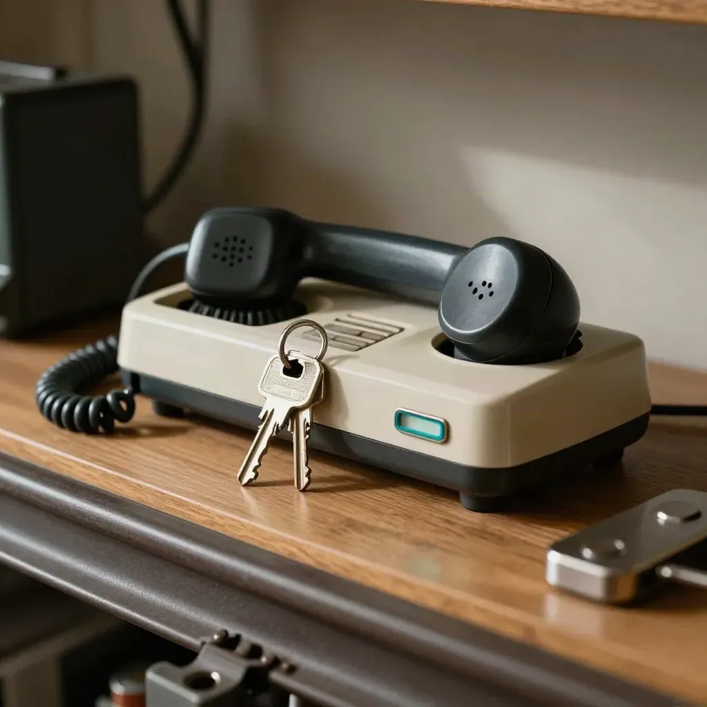 Keys and a radio cradle on an oak shelf with teal metal token, seen through dark rail hardware.