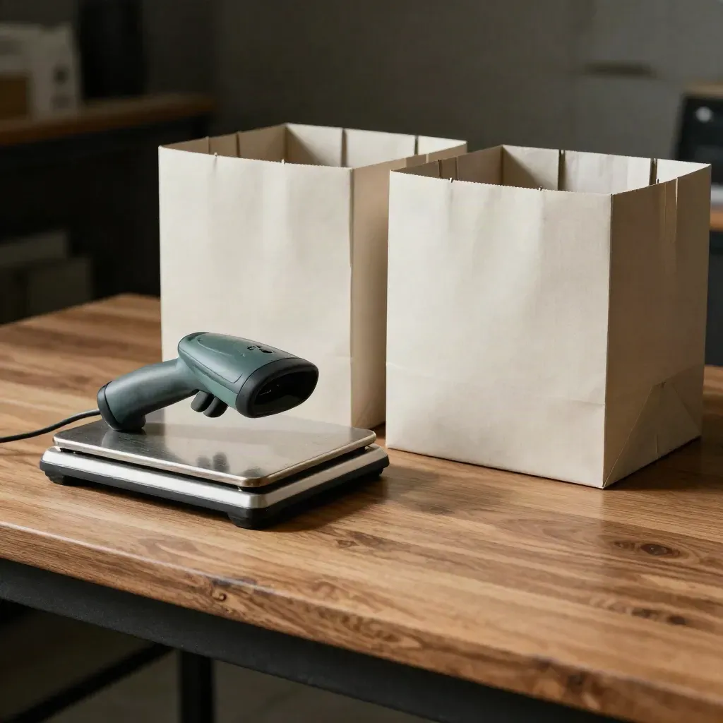 Barcode scanner, parcel scale, and stacked shipping totes on a walnut packing bench.