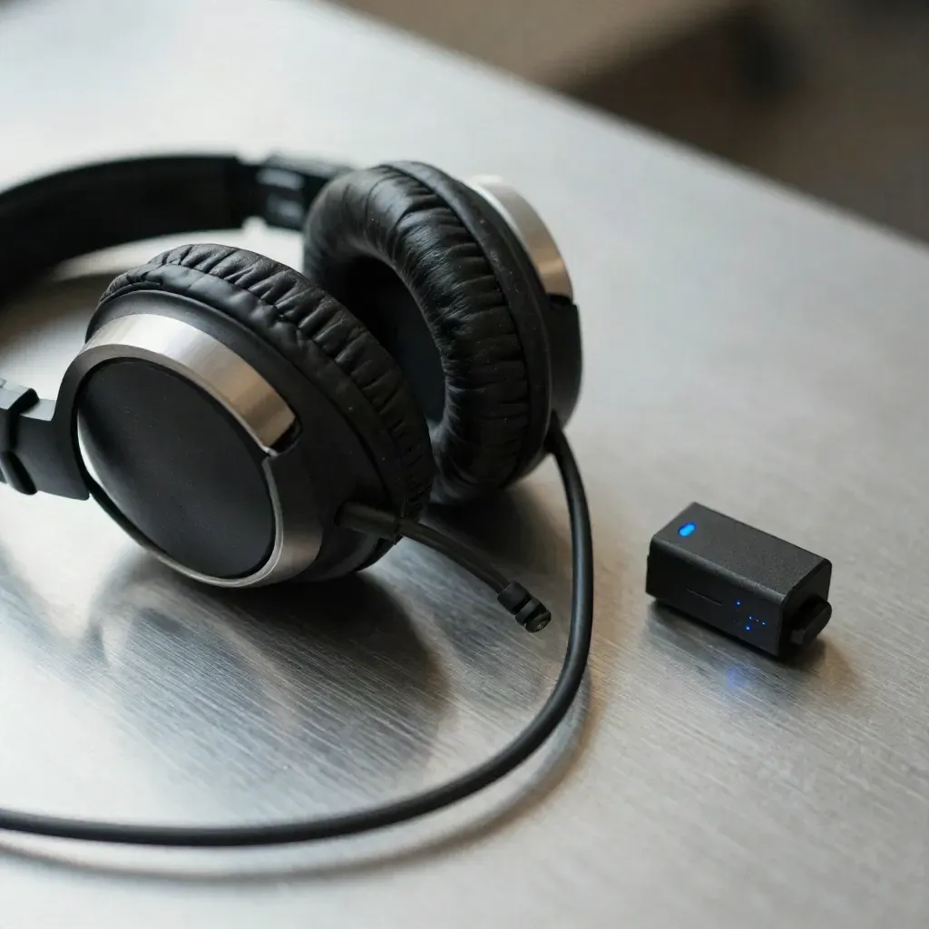 Radio headsets, coiled cable, and relay puck on brushed metal with blue accent