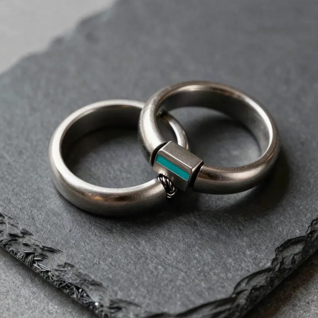 Macro flatlay of satin metal rings, braided connector loop, and teal alignment block on charcoal stone.