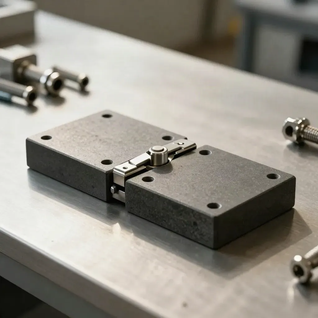 Machined graphite blocks joining with a steel pin and dowels on a brushed metal workbench.