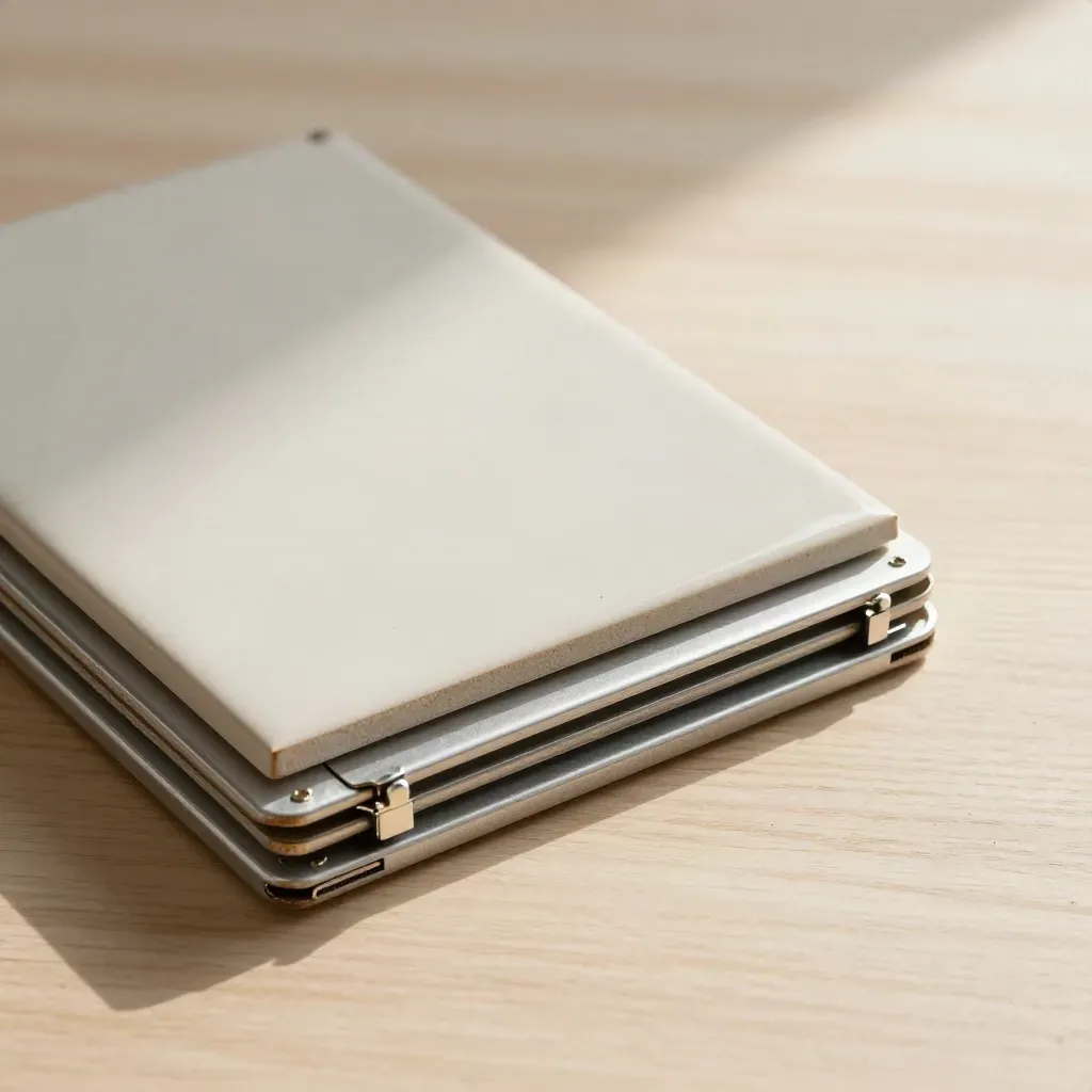 Top-down still life of aluminum plates, connector tabs, and a ceramic tile on pale wood