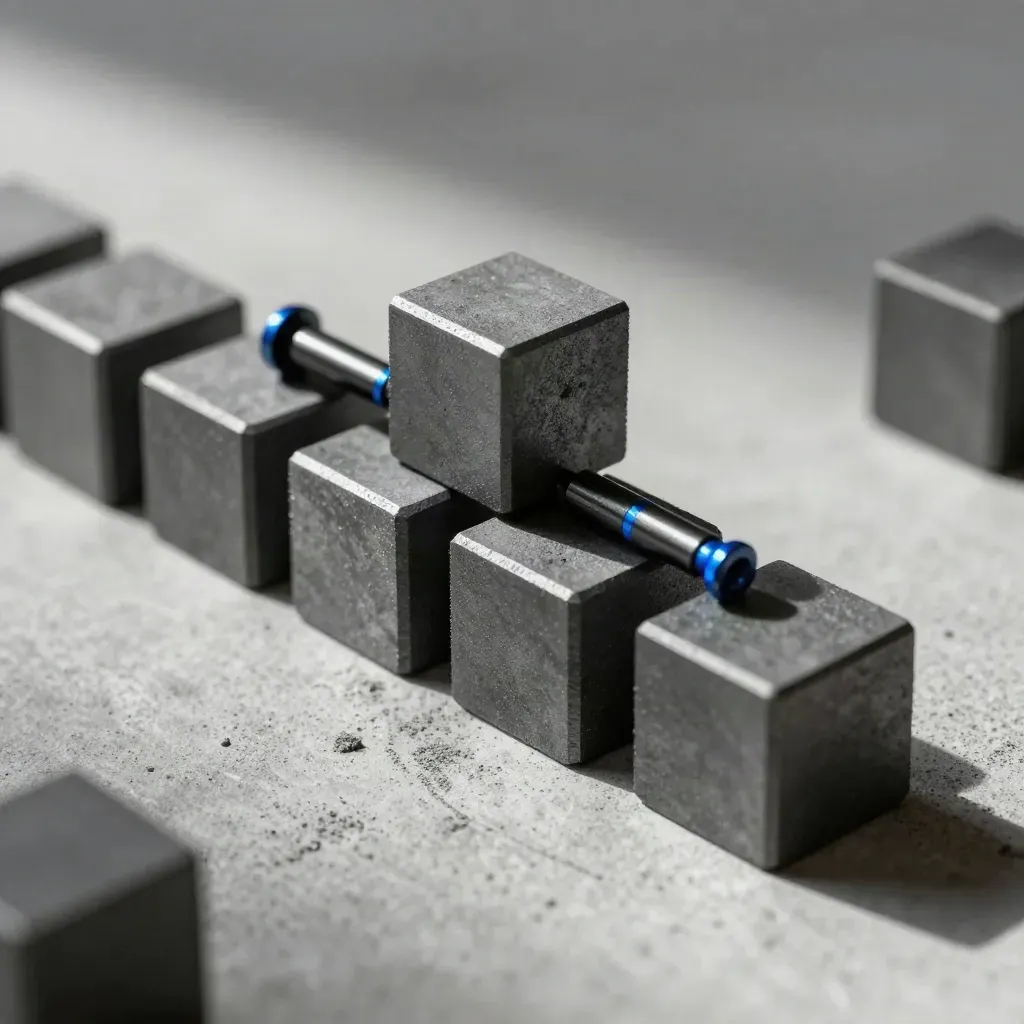 Graphite cubes and locking pegs aligned on concrete with a small electric-blue accent.